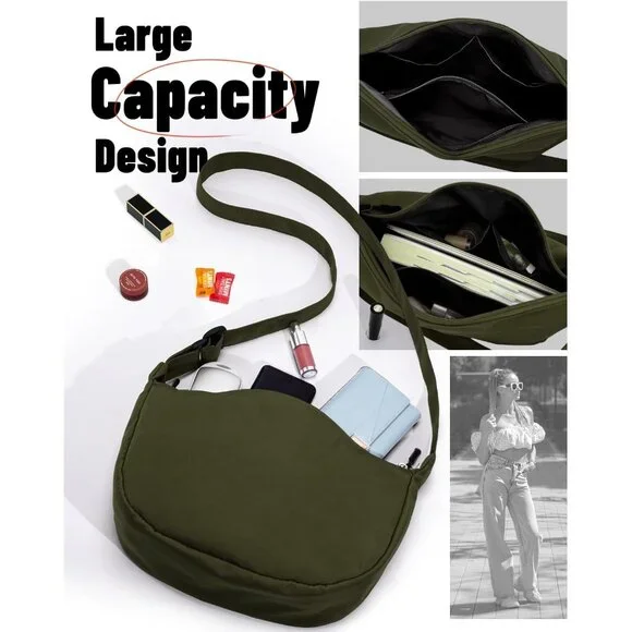 Women Olive Green Imported Polyester Crossbody Lightweight Crescent Sling Bag - Picture 5 of 6